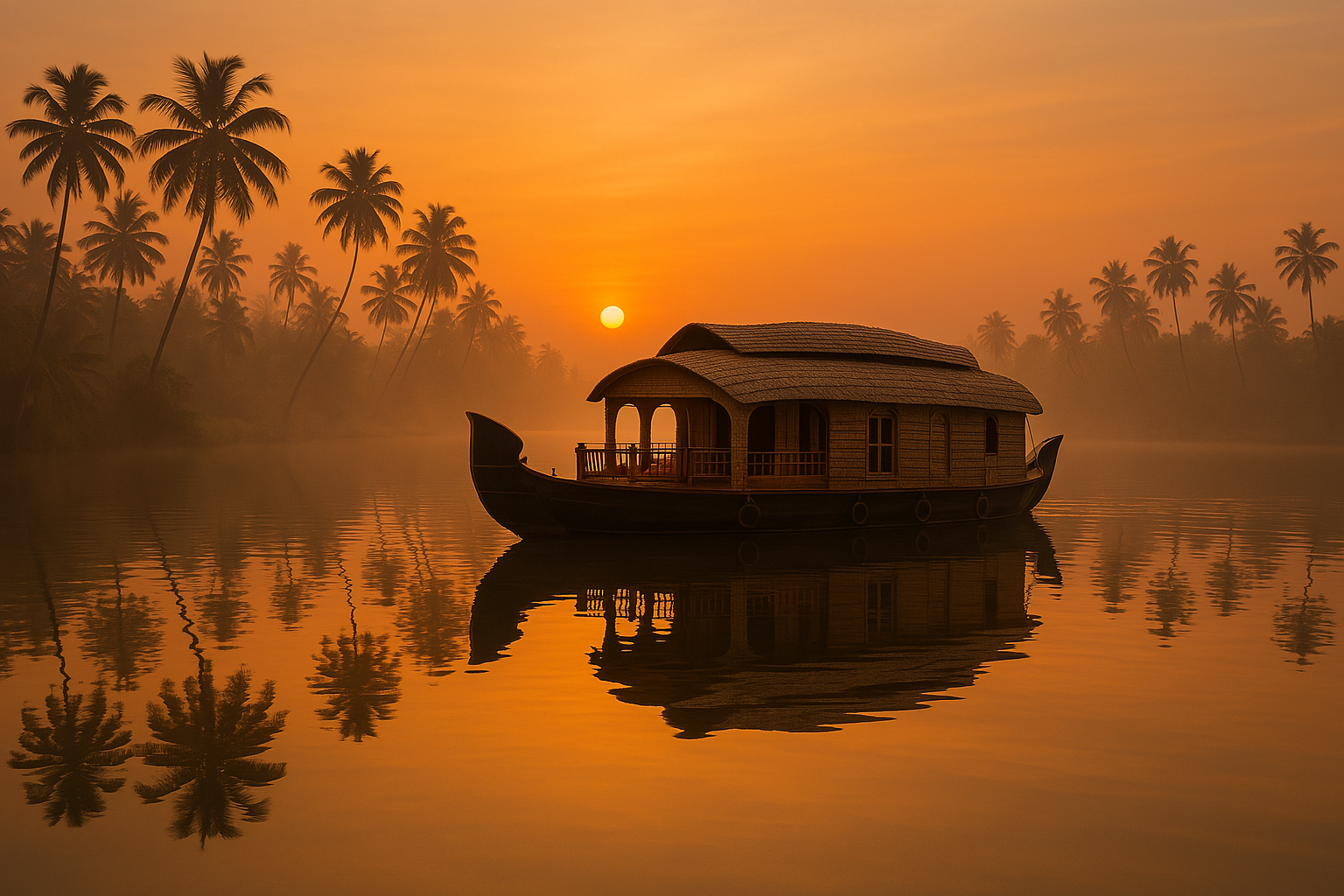 A traditional houseboat on the Alleppey backwaters at dawn.