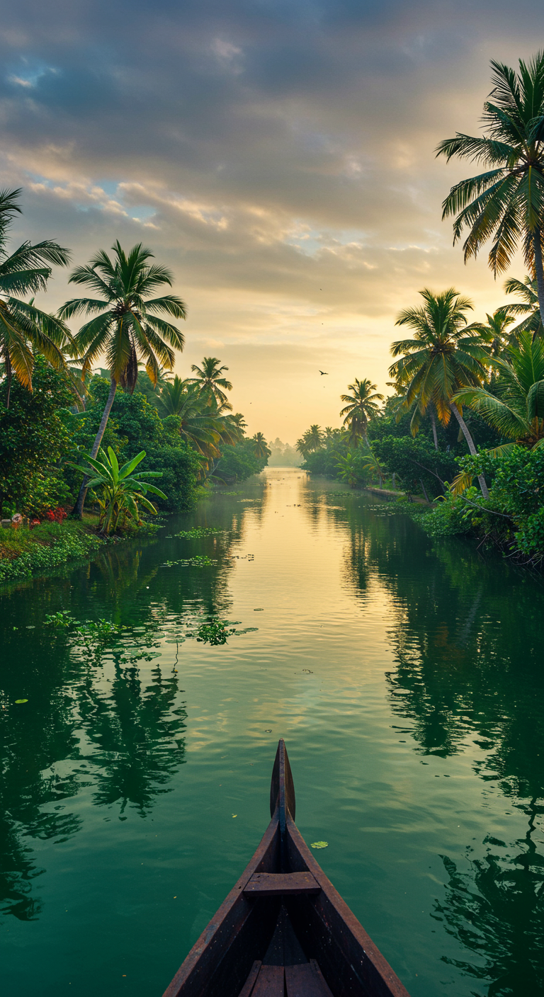 Panoramic view of the Alleppey backwaters, a popular Kerala tourism spot.