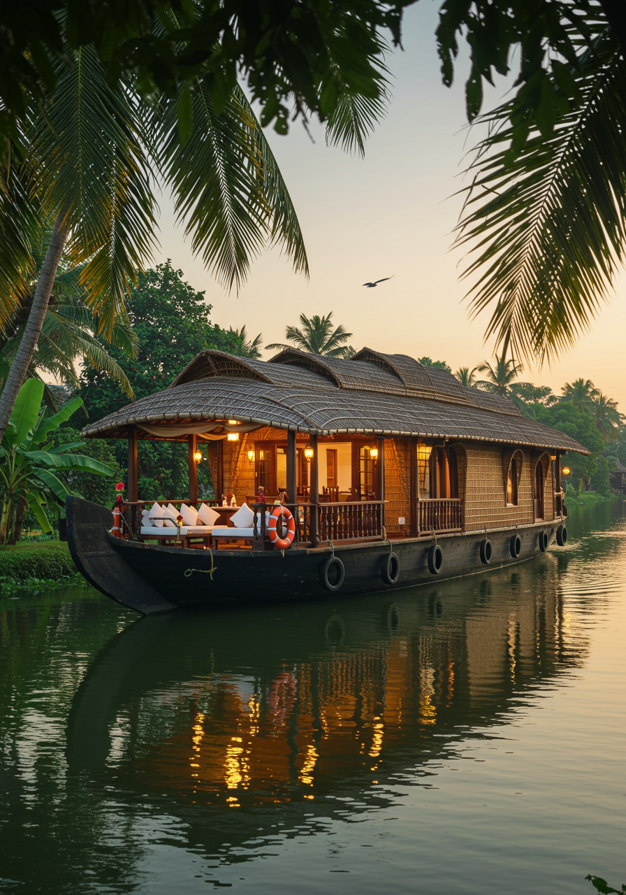 A luxury houseboat available for booking in Alleppey, Kerala.