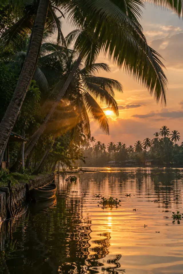 Golden sunset over Alleppey lake