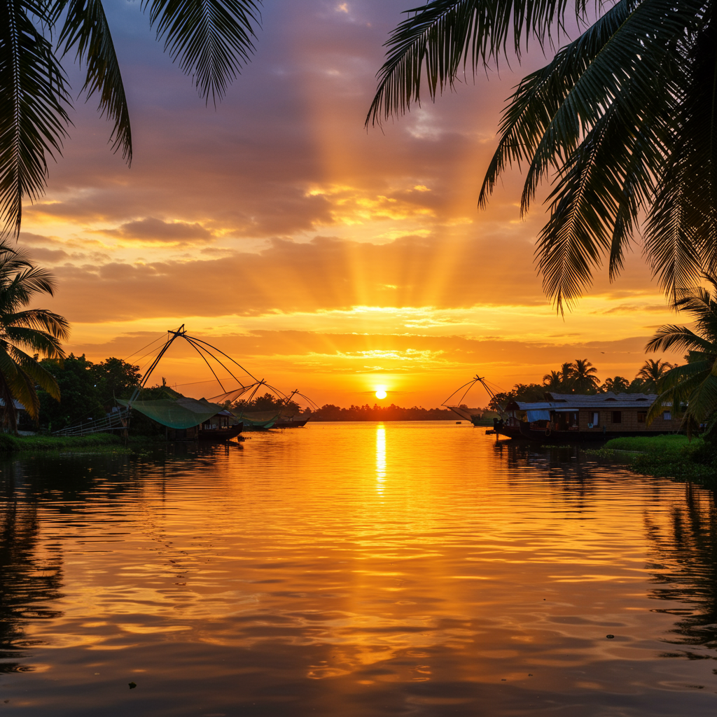 A magnificent sunset over the Alappuzha backwaters.