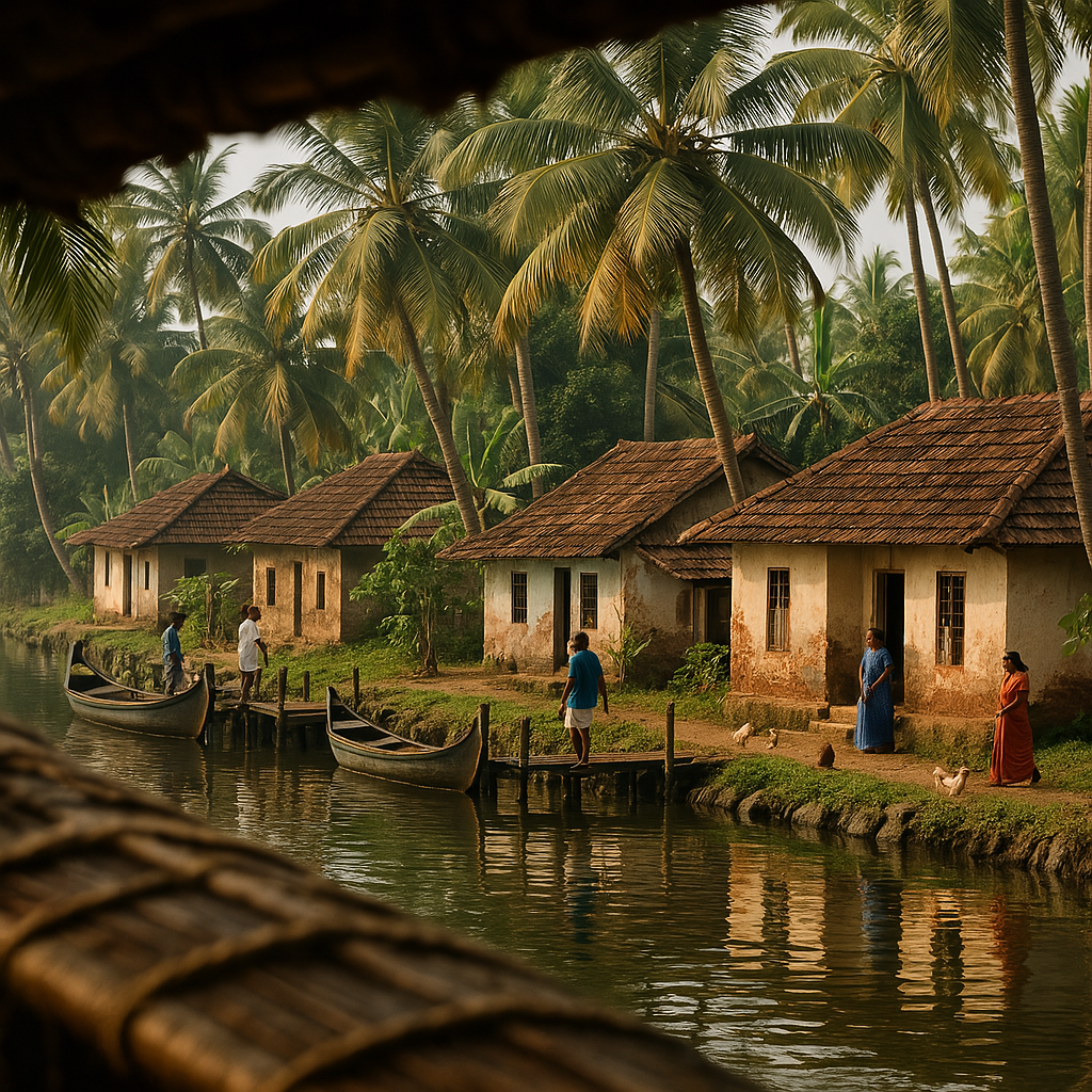 View of local village life from a houseboat in Alappuzha.