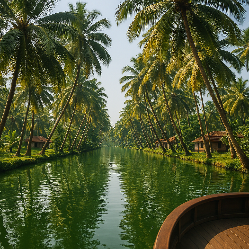 Coconut palms lining the waterways of the Kerala backwaters.