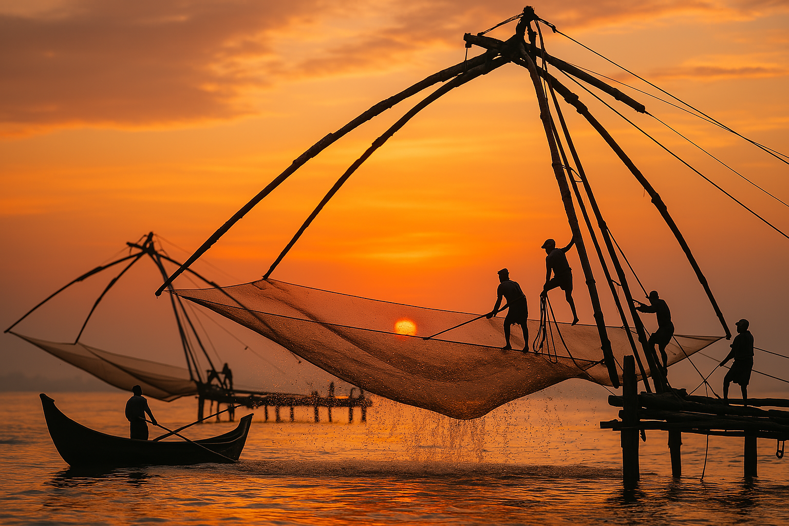Traditional fishing nets seen during a houseboat cruise in Kerala.