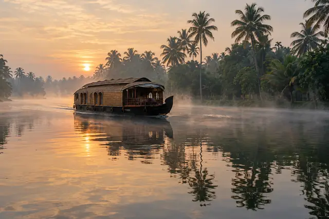 Houseboat on a calm Alleppey canal at midday