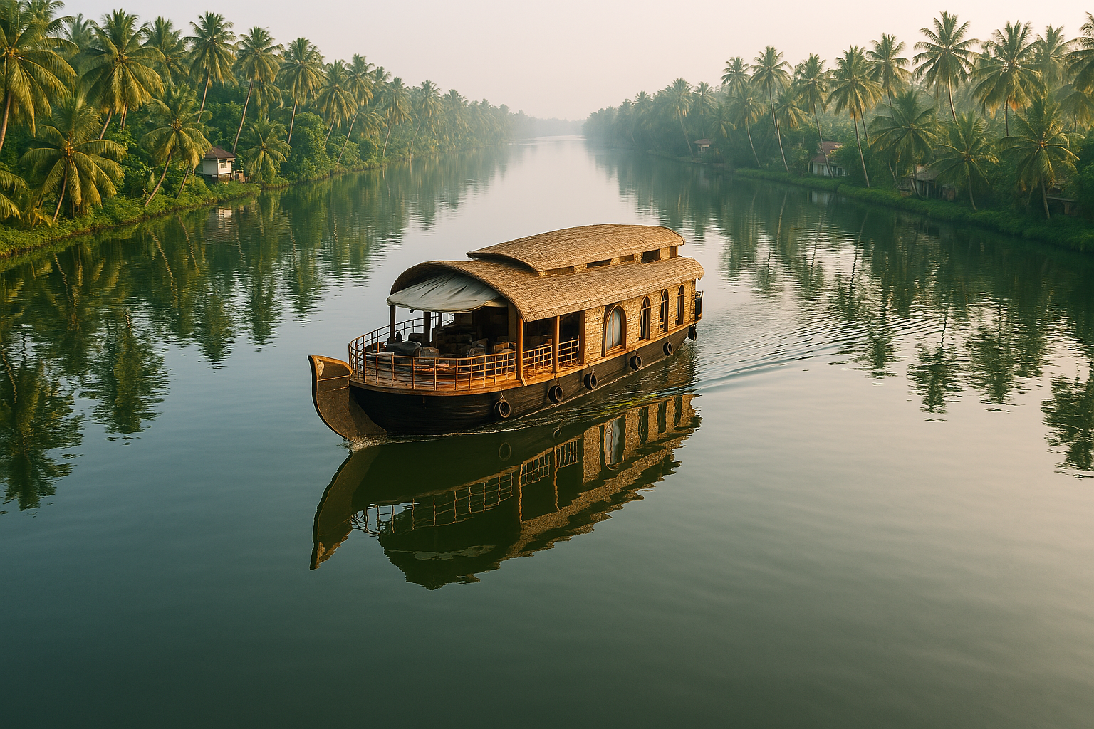 A houseboat cruising on the Alappuzha backwaters.