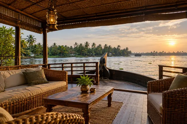 Spacious lounge deck on a family houseboat in Alleppey