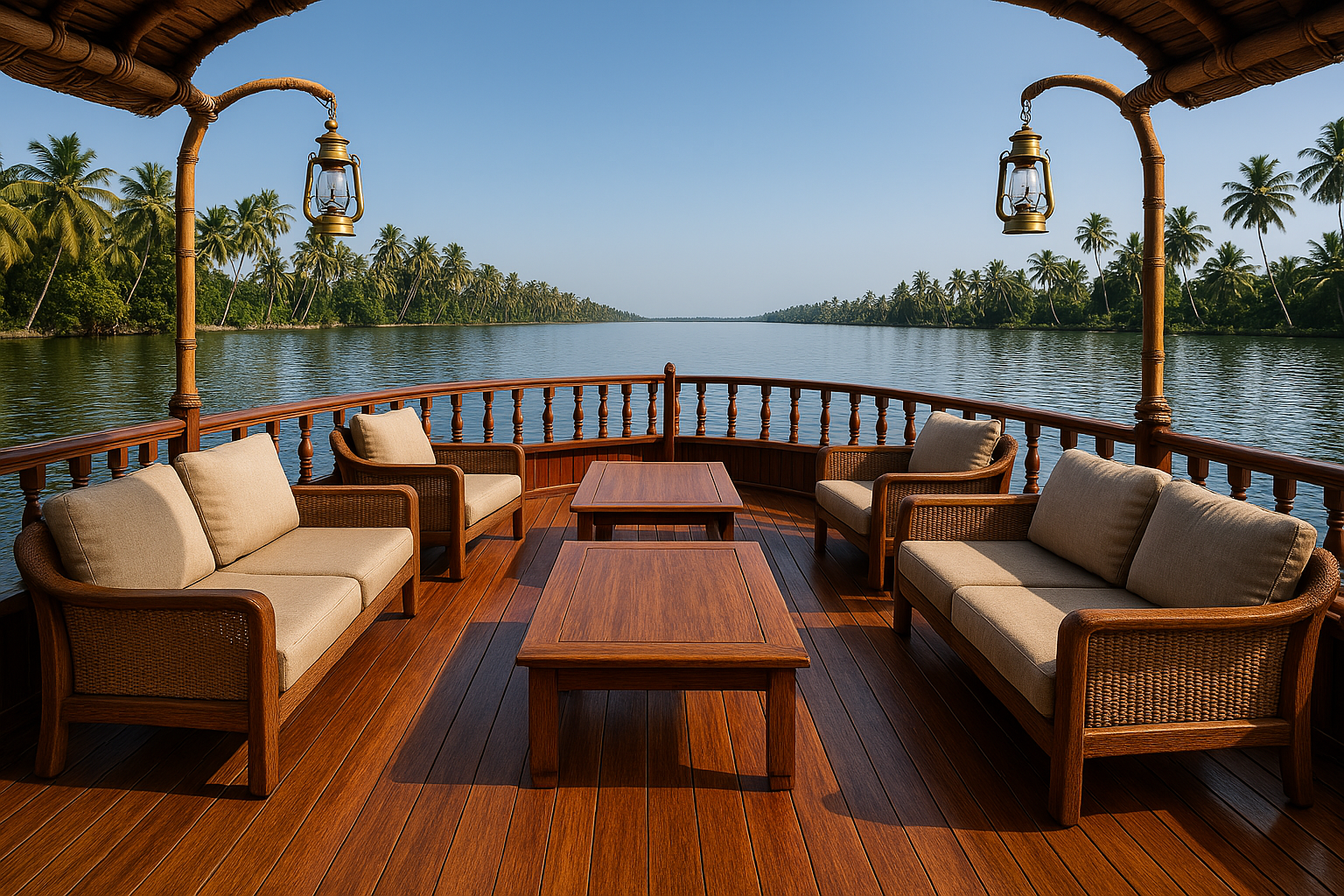 Spacious living area inside an Alleppey houseboat.