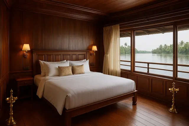 Air-conditioned houseboat bedroom with a double bed and lake view