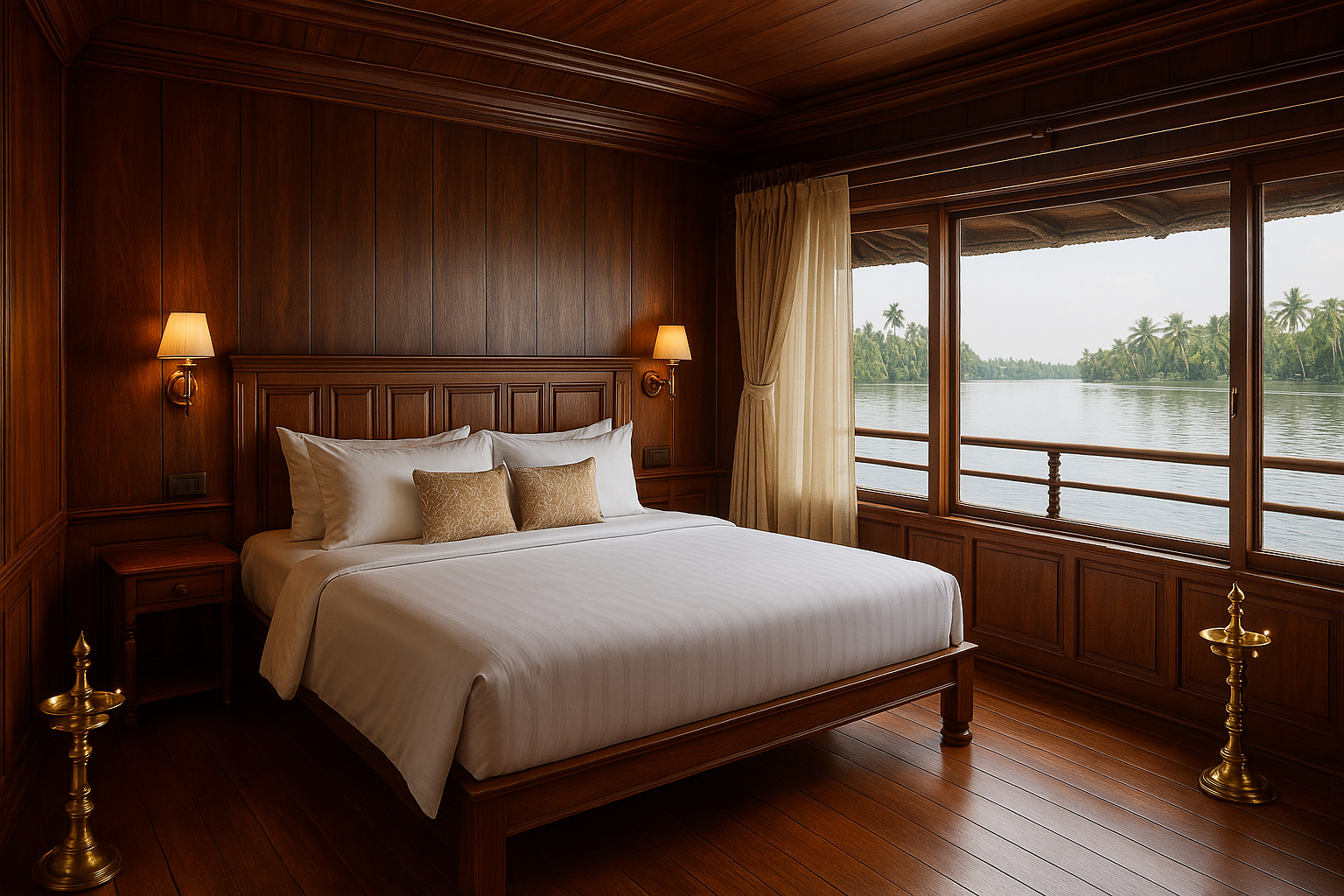 Comfortable bedroom in a luxury houseboat in Kerala.