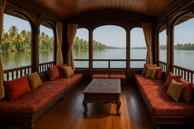 Glass-walled living room of a luxury houseboat