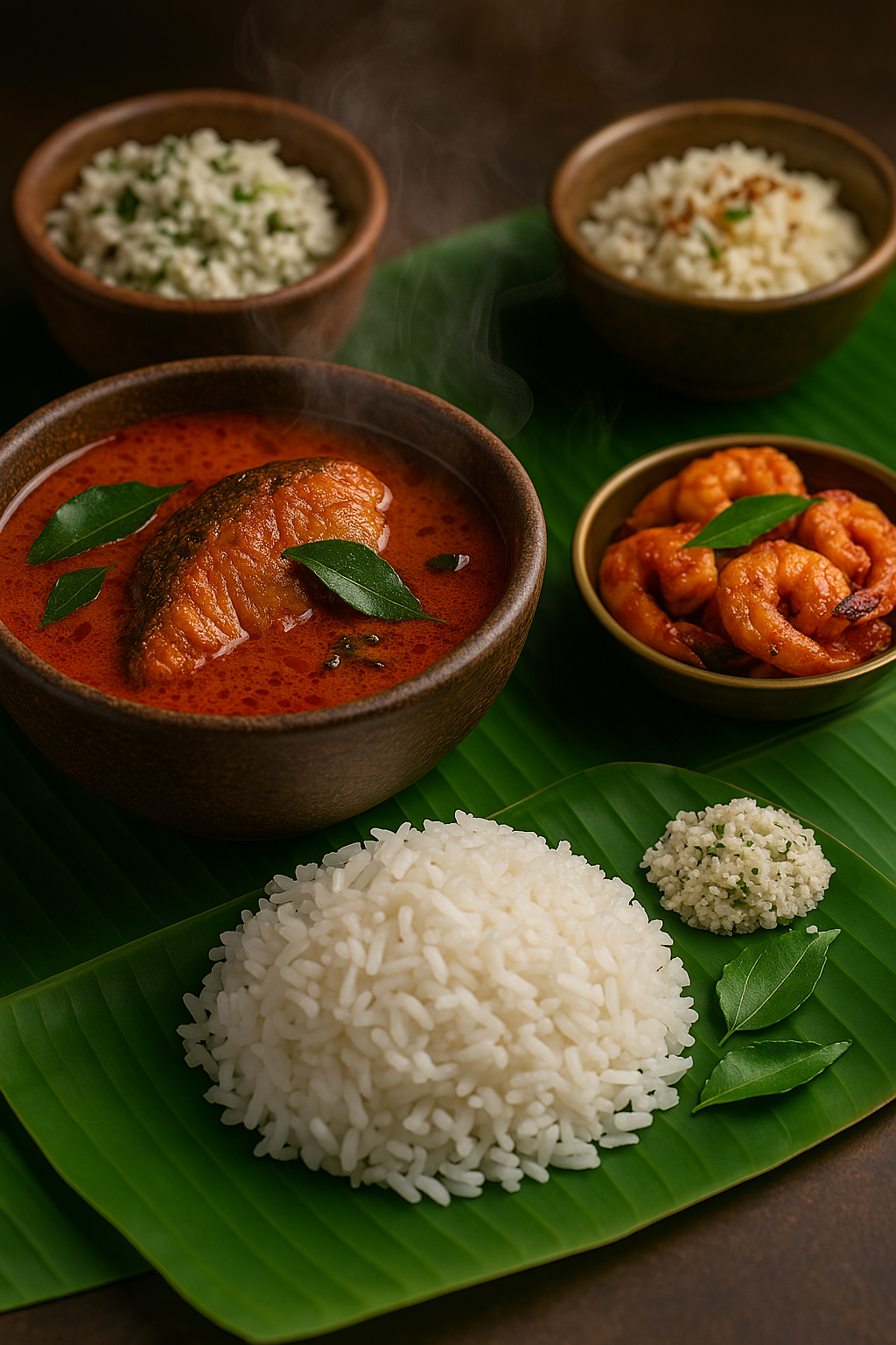 Fresh seafood cuisine served during a backwater cruise in Kerala.