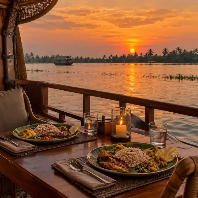 Candle-lit dinner for two on a houseboat deck at sunset