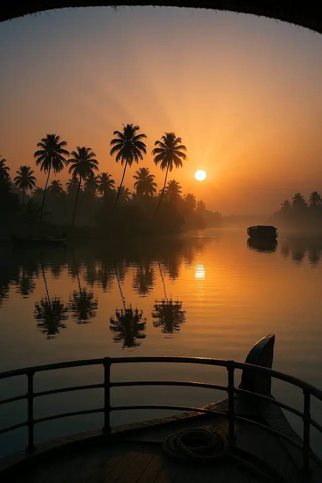 Sunset over the backwaters seen from a houseboat deck