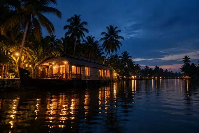 Houseboat moored at night in Alleppey